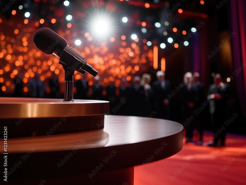 Poster close-up of a microphone on a podium with a blurred background of an audience at an event.