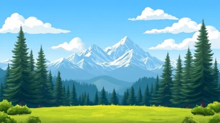 Majestic snow-capped mountains rise above a verdant valley, framed by evergreen trees