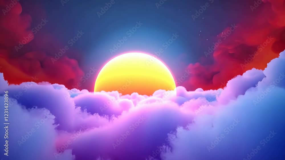 Poster vibrant and colorful sunset with glowing sun setting behind fluffy clouds in surreal sky, creating d