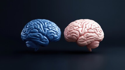 Two stylized brains, one blue and one pink, side by side on a black background, symbolize contrasts in thought.