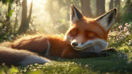 A red fox rests peacefully in a sun-dappled forest clearing, surrounded by lush green moss and wildflowers.