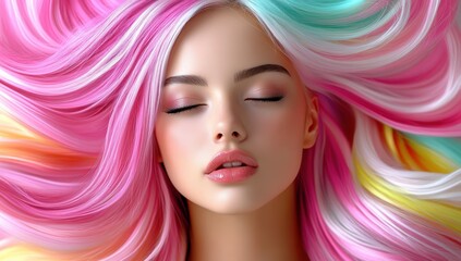 Fototapeta premium Beautiful woman with colorful long hair