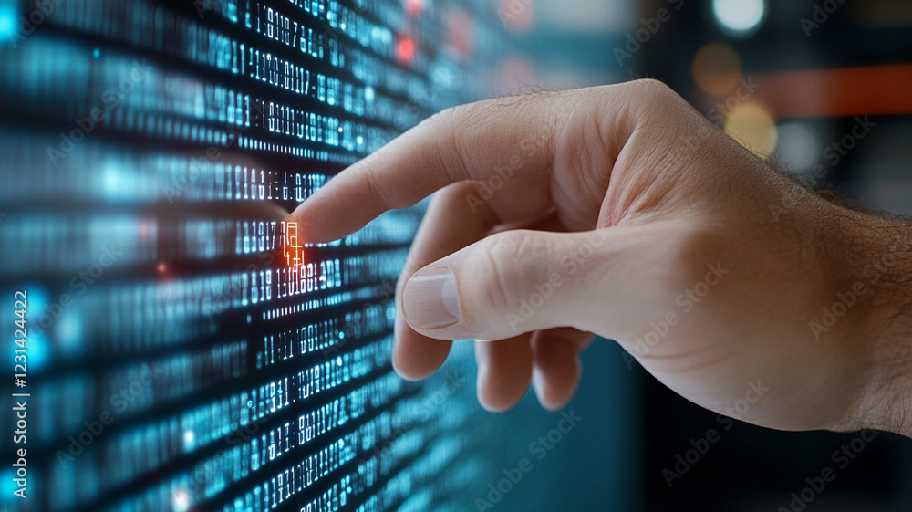 Poster hand interacting with glowing digital code on a screen