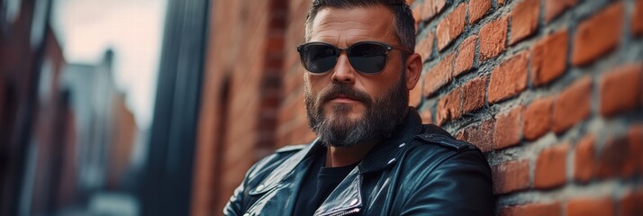 A man with a thick beard and a bold look, wearing a black leather jacket and sunglasses, leaning against a brick wall in a modern city.