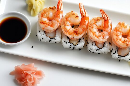 Delicious shrimp sushi elegantly presented, garnished with wasab