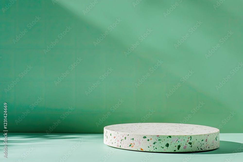 Poster minimalist display platform contrasts with soft green background