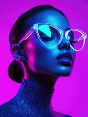Bold portrait showcases striking eyewear against vibrant neon ba