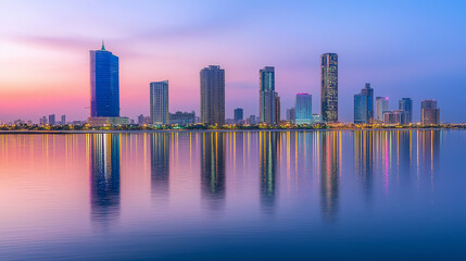 Obraz premium Futuristic cityscape at sunset exploring nanotechnology and energy storage innovations urban landscape science and technology