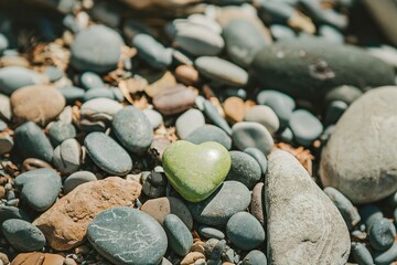 A green heart is sitting on a pile of rocks
