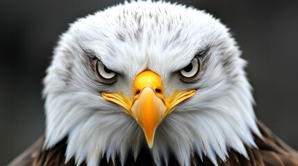 Fototapeta premium Close-up of a bald eagle's intense gaze, showcasing its white head, yellow beak, and dark eyes.