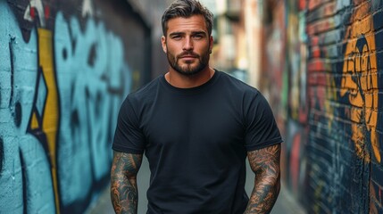Fototapeta premium A man with full arm tattoos, wearing a black t-shirt, standing confidently in an urban setting with graffiti on the wall behind him.