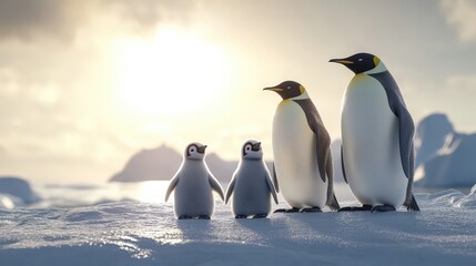 Obraz premium Emperor Penguin Family at Sunset: A heartwarming scene of an emperor penguin family—two adults and two fluffy chicks—standing together against a backdrop of a breathtaking Antarctic sunset.
