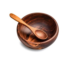 Wooden bowl and spoon isolated on white background