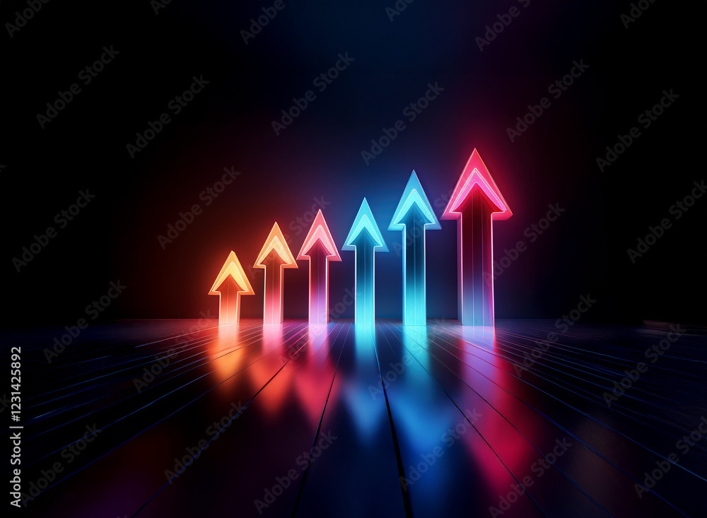 Poster neon arrows ascend on a reflective surface, symbolizing growth and progress. the vibrant colors and 