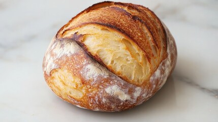 Crusty sourdough bread loaf on marble surface.