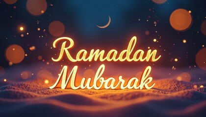 Vibrant Ramadan Mubarak Greeting Card Design: Blurred Background, Illuminated Text & Textured Sand底部沙粒增添了深度和质感。