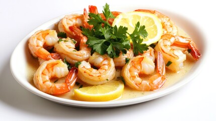 Succulent shrimp garnished with vibrant parsley and fresh lemon