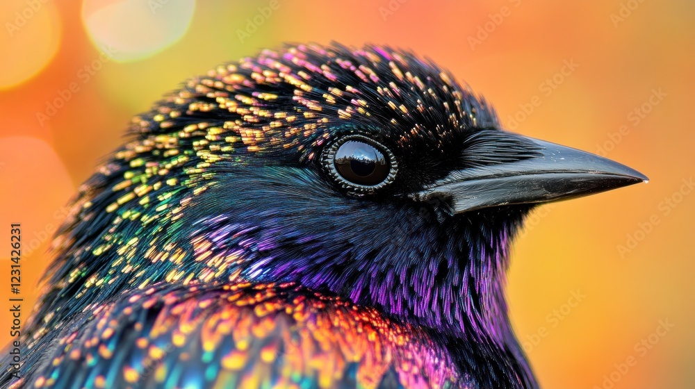 Poster close-up of a vibrant iridescent starling bird with bokeh background.