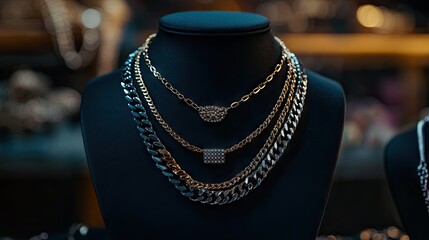 A chic necklace layering composition with varying chain styles displayed elegantly on a jewelry bust.