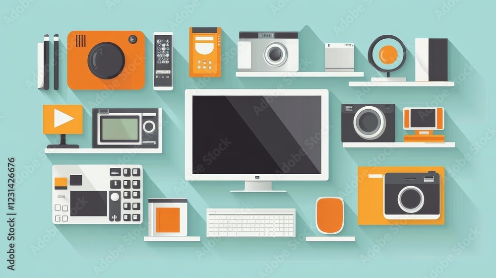Poster flat-design illustration showcasing a diverse array of electronic devices and gadgets