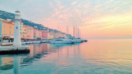 Naklejka premium Serene harbor scene at sunset, featuring colorful buildings and