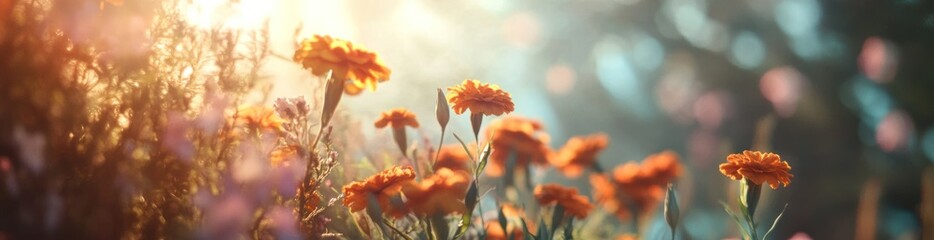 Obraz premium Orange flowers in a sunlit garden with bokeh background.