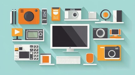 Flat-design illustration showcasing a diverse array of electronic devices and gadgets