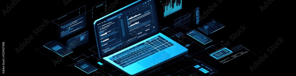 Aufkleber futuristic laptop with digital data streams and interfaces.