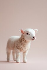 Fototapeta premium Cute lamb stands against soft pastel backdrop, showcasing fluffy