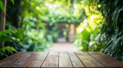 Rustic Wooden Table, Lush Green Garden Background. Perfect for product displays, mockups, and       