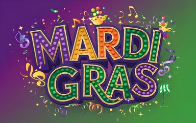 Mardi Gras Carnival text in vibrant font with gold outline on colorful parade background
