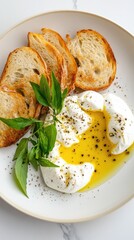 Creamy burrata cheese served with crispy bread and fresh herbs,
