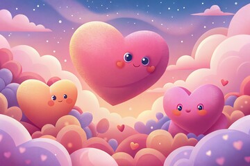 heart shaped balloons in sky Rendering Heart 3D for Valentine's Day love background.