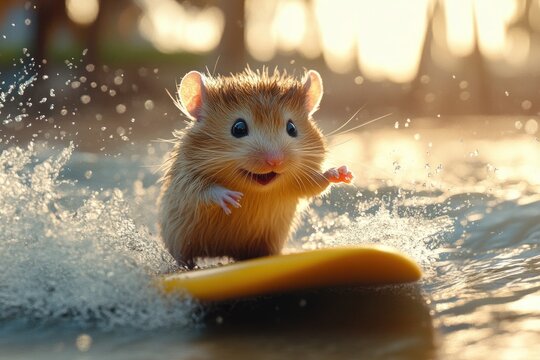 Cute hamster surfing on tropical beach waves at sunset on yellow surfboard