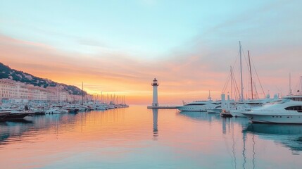 Fototapeta premium Sunset over serene harbor, reflecting soft pastel hues on calm w
