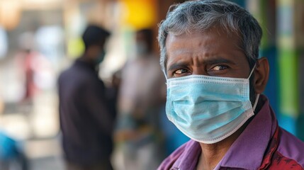 A Man's Gaze Through a Protective Mask in a Blurred Urban Setting