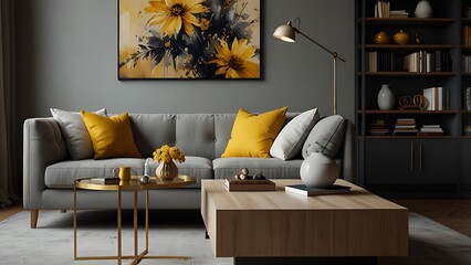 Art deco interior design of modern living room, home. Golden round coffee table near white sofa with teal pillows against wall with poster.Living room in art deco style	