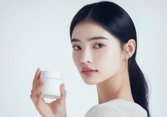 Beautiful Asian woman cosmetic model holding a luxurious white small cream jar elegantly in her hand. Isolated on a white background