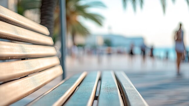 Serene wooden bench offers perfect view of vibrant seaside prome