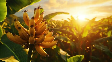 Obraz premium Ripe Bananas Cluster Surrounded by Lush Green Foliage at Sunset