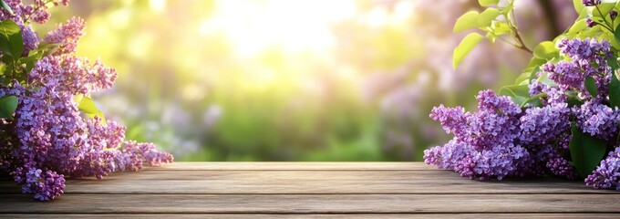 Wooden table with lilac flowers in sunlight.