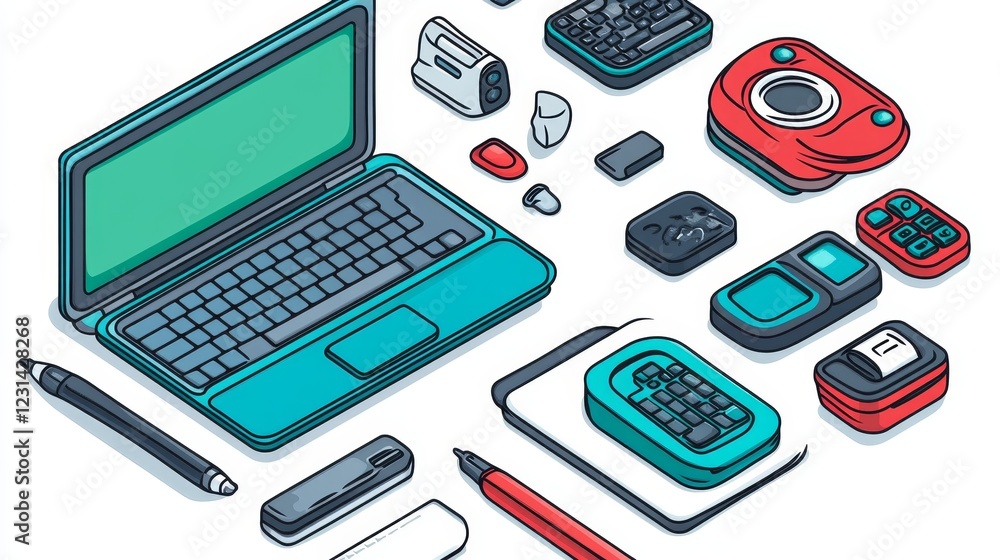 Poster isometric illustration of laptop and assorted computer components and peripherals