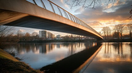 Modern footbridge spanning river at sunset, reflecting cityscape.