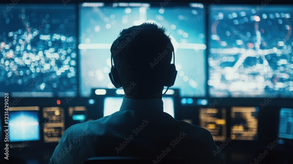 Poster man monitoring multiple screens in control room setting
