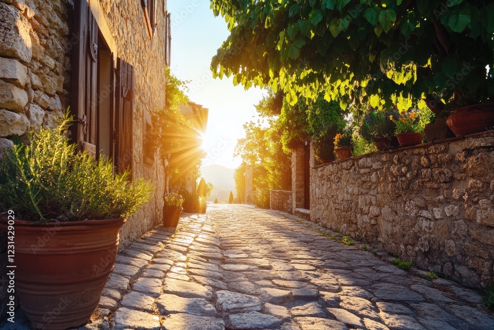 Poster sunlight casts warm glow on cobblestone path lined with lush gre