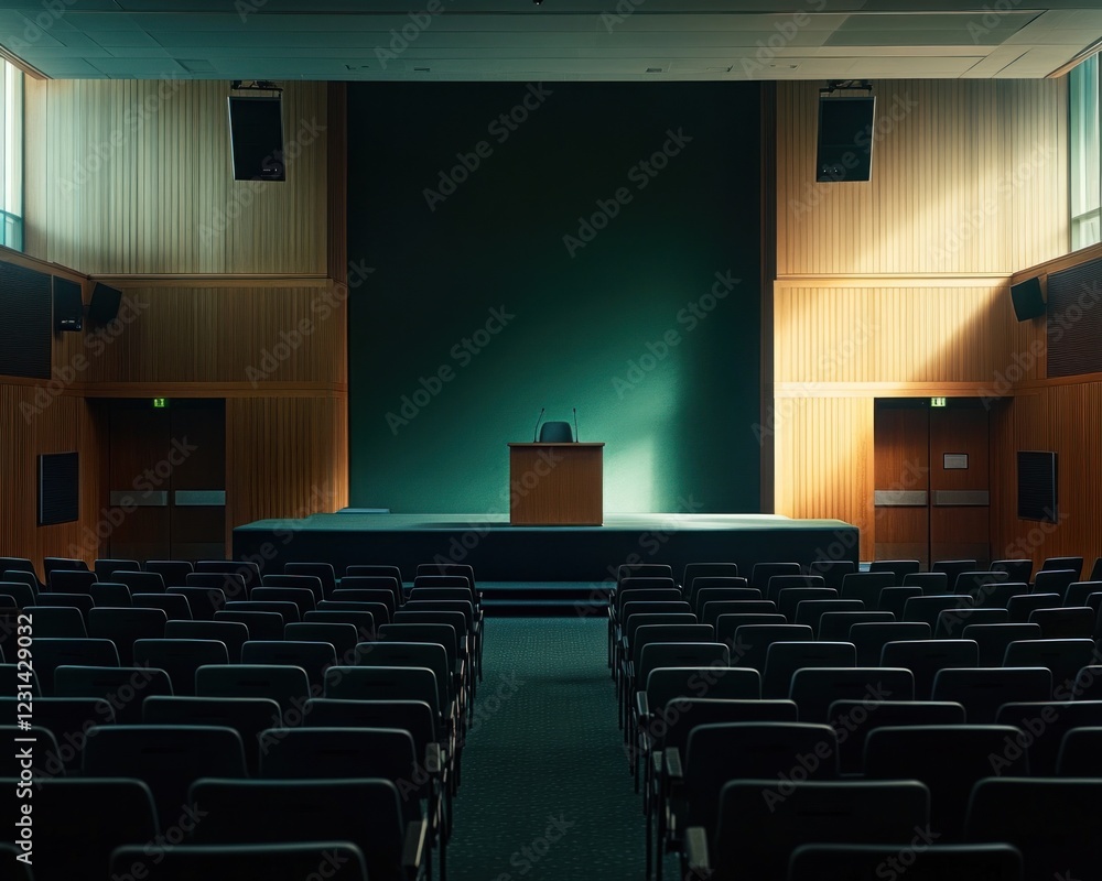 Poster empty lecture hall with stage, podium, and rows of seats.