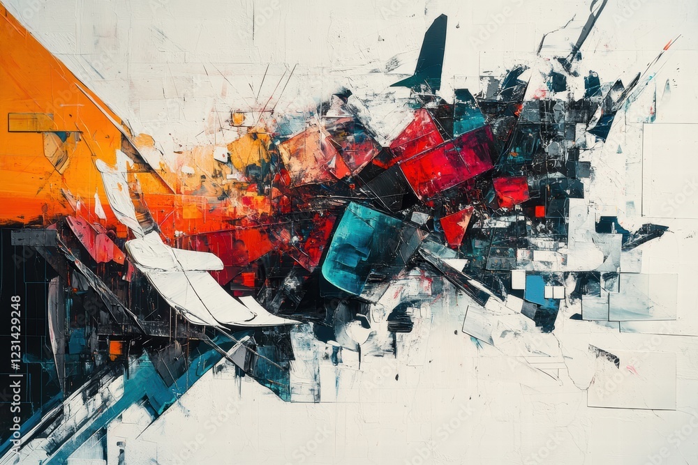 Poster a modern abstract artwork with fragmented shapes and intense color contrasts, creating a striking, t