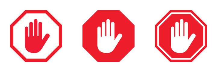 Obraz premium stop sign with hand icon set. stop sign in red octagon shape. hand palm stop icon. no entry vector sign. road sign. vector illustration on transparent background. 