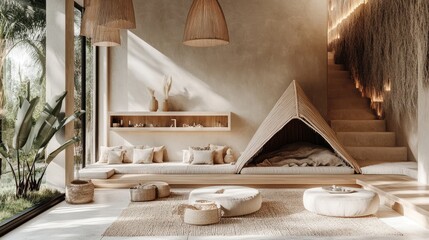 A cozy Scandinavian-style lounge with a hidden pet den integrated into the furniture
