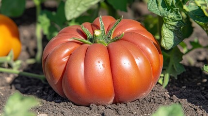 Obraz premium Ripe, red heirloom tomato growing in garden soil.